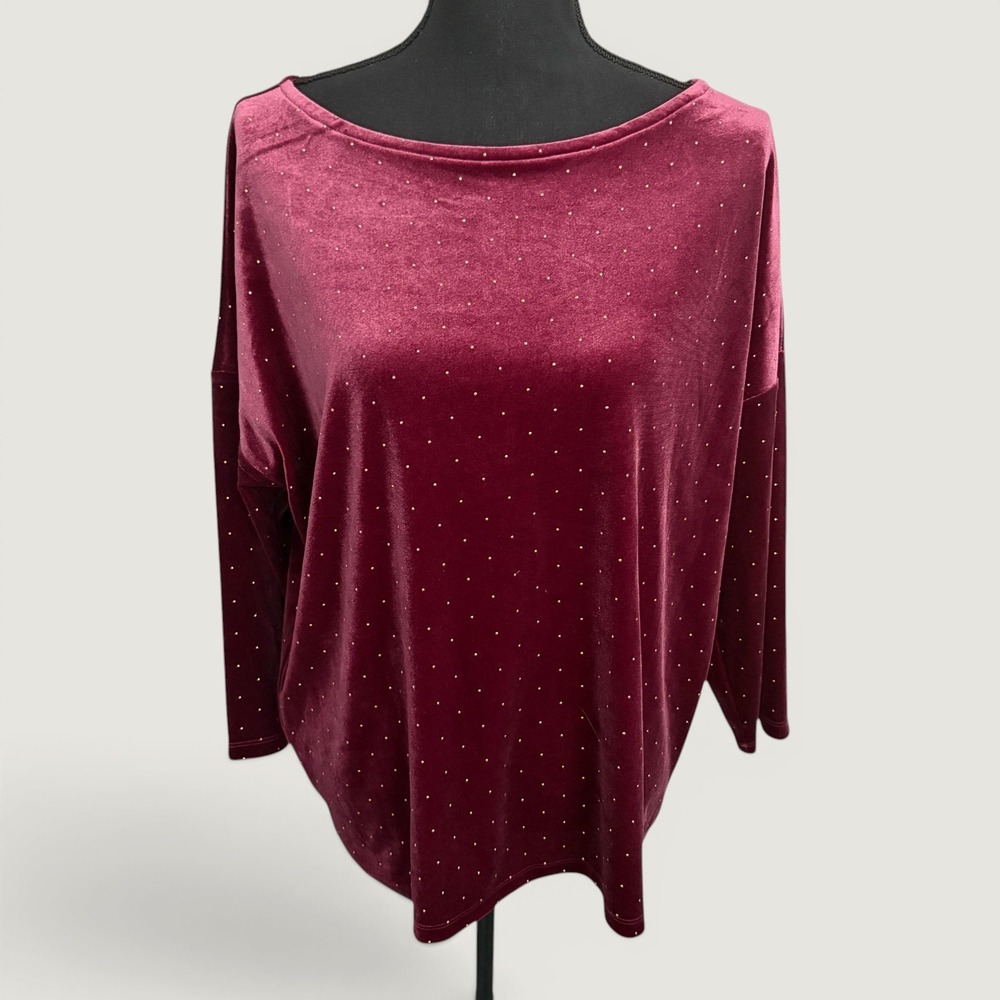 Anne Klein Studded Velvet Burgundy Boat‎ Neck Top Womens 0X Holiday Party Dressy